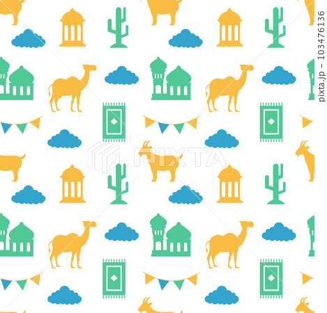 Happy Eid Al Adha Mubarak Seamless Pattern of Muslims Celebration with Sacrificial Animals in Template Hand Drawn Cartoon Flat Illustration 103476136