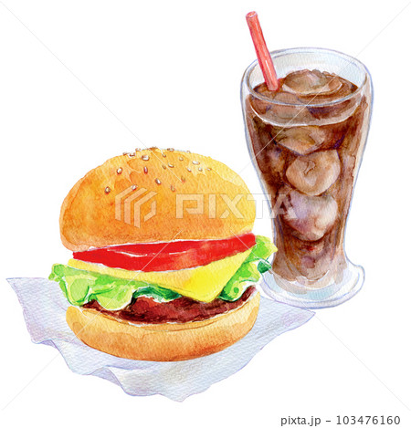 ハンバーガーとドリンクのセット　水彩イラスト 103476160