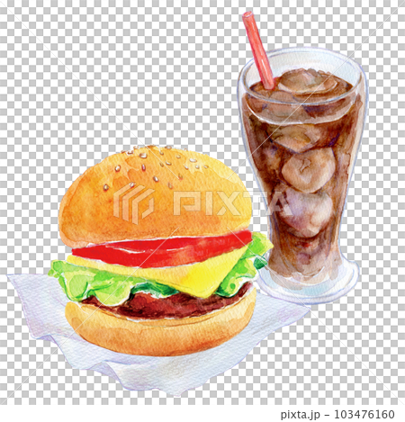 ハンバーガーとドリンクのセット　水彩イラスト 103476160