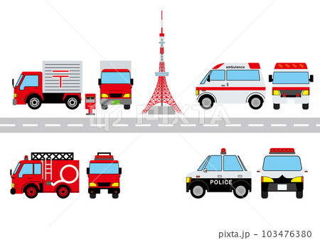 スーパーデフォルメした自動車乗り物のイラストセット救急車、消防車、パトカー、郵便集配車 103476380