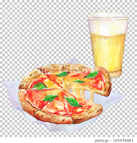 披薩和生啤酒設置水彩插圖 103476861