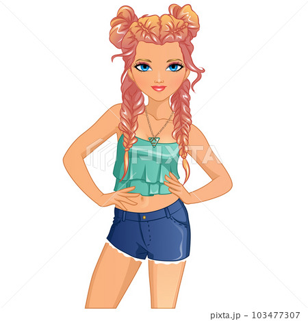 Braids and Buns Hairstyle Cute Cartoon Character Doll. Vector Illustration Braids and Buns Hairstyle Cute Cartoon Character Doll. Vector Illustration 103477307