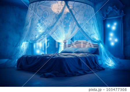 お城の寝室 天蓋付きのベッド 青いインテリア お城の寝室 天蓋付きのベッド 青いインテリア 103477308