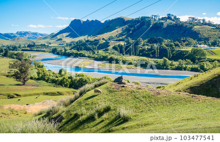 Beautiful landscape of Te Mata Peak and Tukituki river in Hawke's bay region of New Zealand. Beautiful landscape of Te Mata Peak and Tukituki river in Hawke's bay region of New Zealand. 103477541