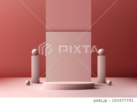 3D realistic empty pink podium stand on pink background decoration with geometric backdrop and sphere balls elements 3D realistic empty pink podium stand on pink background decoration with geometric backdrop and sphere balls elements 103477791
