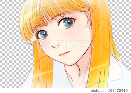 リラックス&真面目な眼差しの女の子の線画カラーイラスト 髪=金髪 背景