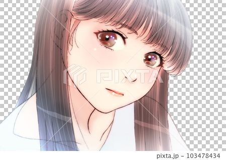 Line drawing color illustration of a girl with a relaxed & serious look Eyes = Brown No background Light lipstick No diagonal lines 103478434