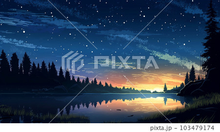 星降る湖：満点の星空が静かな湖に鏡のように映っている