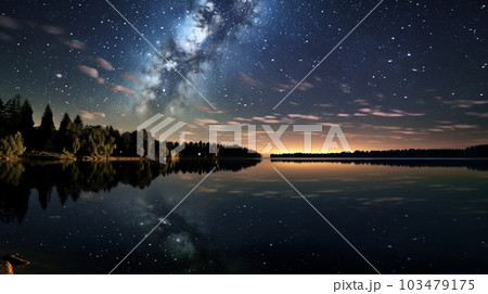 星降る湖：満点の星空が静かな湖に鏡のように映っている