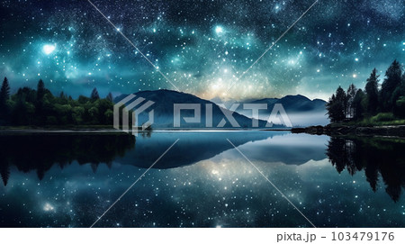 星降る湖：満点の星空が静かな湖に鏡のように映っている