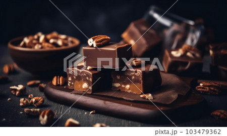 handmade chocolates with nuts on a wooden board on a black background handmade chocolates with nuts on a wooden board on a black background 103479362