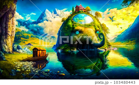 An elephant floating on top of body of water. Fantasy. Generative AI 103480443