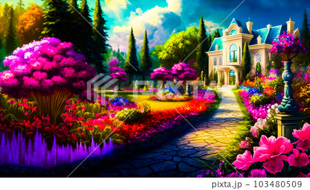 Painting of garden with flowers and house....のイラスト素材 [103480509] - PIXTA