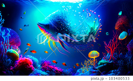 Painting of fish swimming in the ocean. Fantasy. Generative AI 103480533