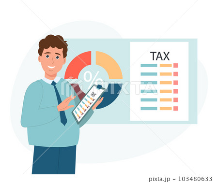 Tax declaration illustration. Character male preparing documents for tax calculation, making income tax return and calculating business invoices. Taxation concept. Vector. Tax declaration illustration. Character male preparing documents for tax calculation, making income tax return and calculating business invoices. Taxation concept. Vector. 103480633