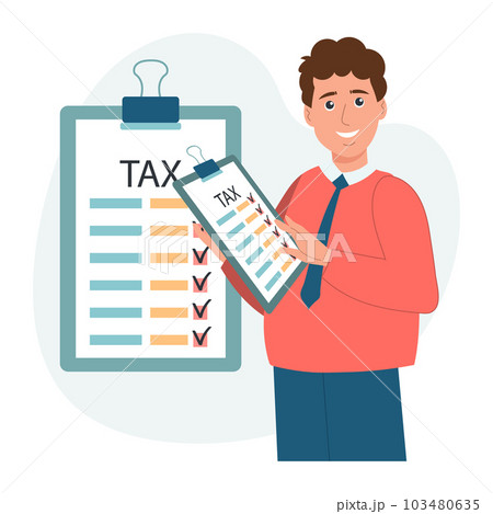 Tax declaration illustration. Character male preparing documents for tax calculation, making income tax return and calculating business invoices. Taxation concept. Vector. Tax declaration illustration. Character male preparing documents for tax calculation, making income tax return and calculating business invoices. Taxation concept. Vector. 103480635
