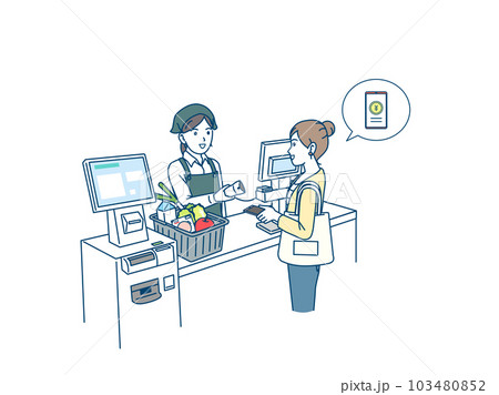 スーパー買い物をする女性　スマホ決済 103480852