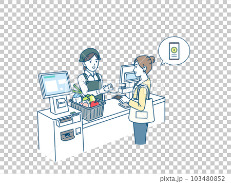 スーパー買い物をする女性　スマホ決済 103480852