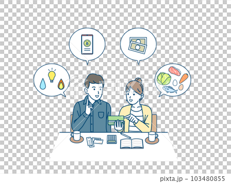 家計や出費、節約などについて話し合う夫婦 103480855
