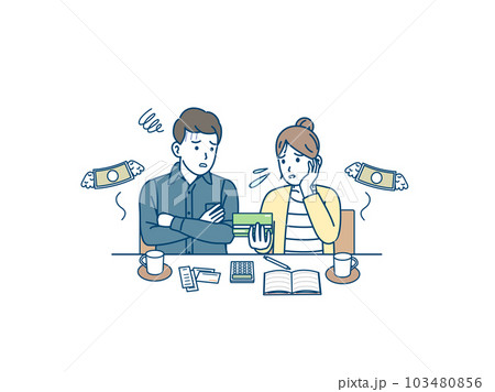 出費や支払いが多くお金が貯まらず困る夫婦のイラスト 103480856
