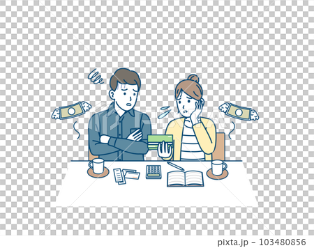 出費や支払いが多くお金が貯まらず困る夫婦のイラスト 103480856