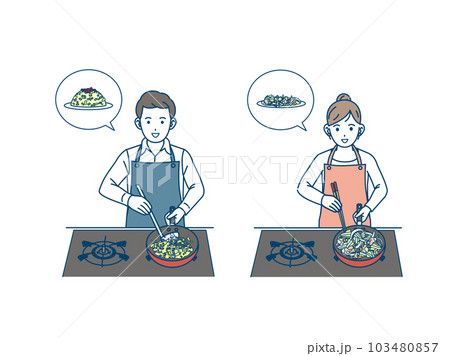料理や自炊をするエプロン姿の男女 料理や自炊をするエプロン姿の男女 103480857