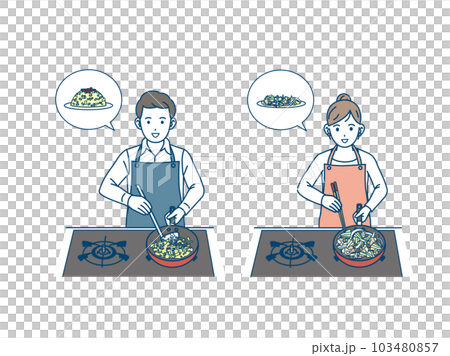 料理や自炊をするエプロン姿の男女 料理や自炊をするエプロン姿の男女 103480857