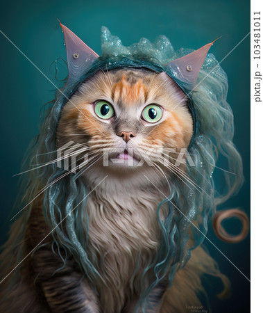 AI generated cat in a mermaid costume for Halloween party 103481011