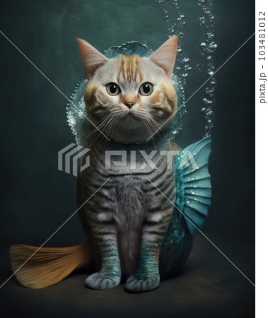 AI generated cat in a mermaid costume for Halloween party 103481012