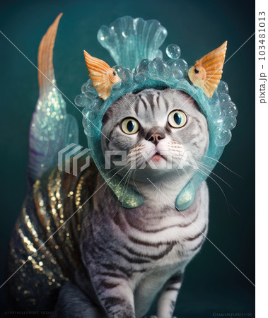 AI generated cat in a mermaid costume for Halloween party 103481013