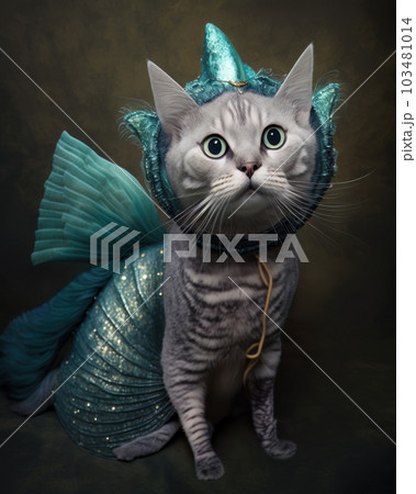 AI generated cat in a mermaid costume for Halloween party 103481014