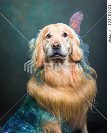 AI generated retriever in a mermaid costume for Halloween party 103481021