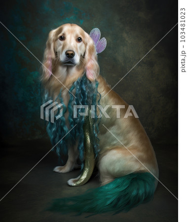 AI generated retriever in a mermaid costume for Halloween party 103481023