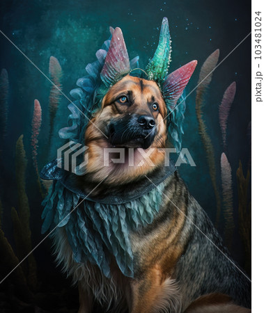 AI generated German shepherd in a mermaid costume for Halloween party 103481024