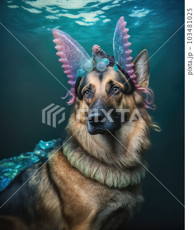 AI generated German shepherd in a mermaid costume for Halloween party 103481025