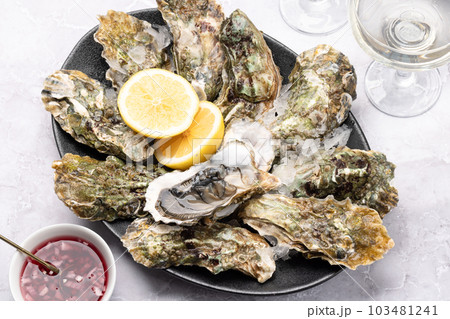 Fresh oysters with glasses of sparkling wine 103481241
