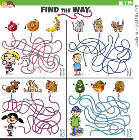 find the way maze games set with cartoon kids with pets and fruit find the way maze games set with cartoon kids with pets and fruit 103482770
