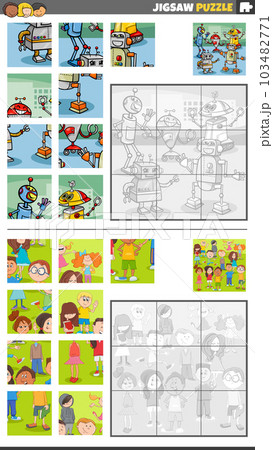 jigsaw puzzle activities set with cartoon robots and children 103482771
