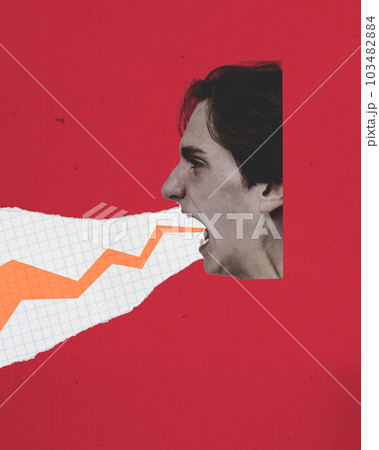 Contemporary art collage with angry man, project manager shouting loudly over red color studio background. Creative artwork with torn paper style. Concept of overworking, mental pressure, 103482884