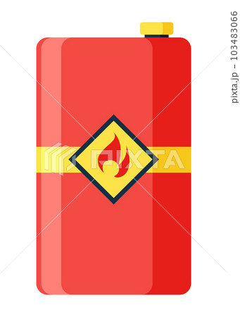 Toxic chemical barrel. Steel tank with dangerous waste. Container with flame icon in flat style. Dangerous substance. Storage of oil components Toxic chemical barrel. Steel tank with dangerous waste. Container with flame icon in flat style. Dangerous substance. Storage of oil components 103483066