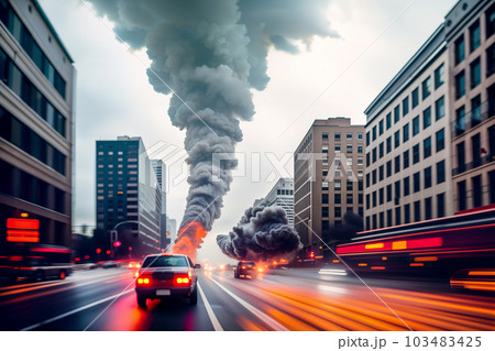 Dramatic evening big city landscape with fire, smoke and tornado. Long exposure and blurred car headlights. Disaster concept. Generative AI. 103483425