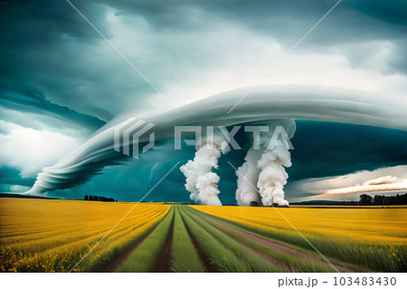 A landscape with a dangerous tornado in a field through which a dirt path runs. Generative AI. 103483430