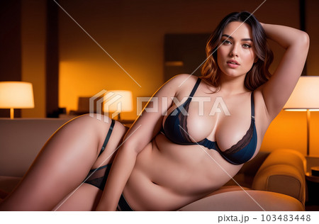 Beautiful plus size brunette woman in lingerie... - Stock Illustration  [103483448] - PIXTA