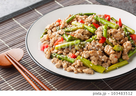 Pork Stir Fry with asparagus, garlic, chili and ginger closeup on the plate. Horizontal Pork Stir Fry with asparagus, garlic, chili and ginger closeup on the plate. Horizontal 103483512