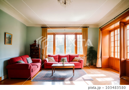 Modern interior of a large living room in a country house with sunlight through large panoramic windows. Generative AI. 103483580