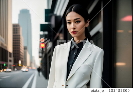 Close-up portrait of beautiful stylish confident modern Asian business woman with makeup, short black hair in white jacket on big city street with skyscrapers. Generative AI. 103483809