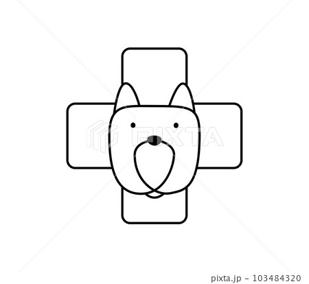 Veterinarian clinic. dog and cross monoline logo vector icon. Vet hospital for animals. Dogs or cats treatment. Kitty and puppy on veterinary reception desk. Medicine for pets Veterinarian clinic. dog and cross monoline logo vector icon. Vet hospital for animals. Dogs or cats treatment. Kitty and puppy on veterinary reception desk. Medicine for pets 103484320