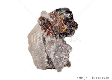 Macro of mineral Sphalerite stone on microcline on white background 103484516