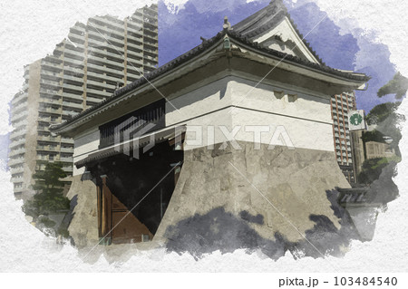 水彩画風　岡崎城　大手門　愛知県岡崎市 103484540