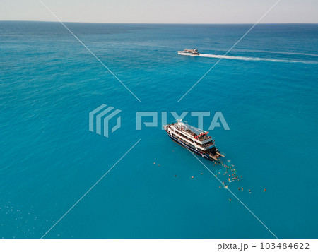 aerial view of porto katsiki beach with cruise boat people having fun 103484622